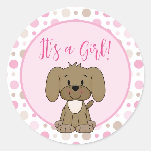 かわいい茶色の子犬ピンクの水玉模様赤ちゃんシャワー ラウンドシール (正面)