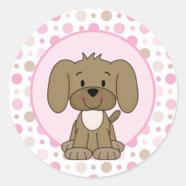 かわいい茶色の子犬ピンクの水玉模様赤ちゃんシャワー ラウンドシール
