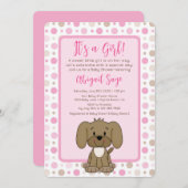 かわいい茶色の子犬ピンクの水玉模様赤ちゃんシャワー 招待状 (正面/裏面)