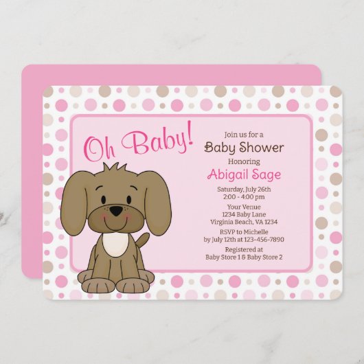 かわいい茶色の子犬ピンクの水玉模様赤ちゃんシャワー 招待状 (正面/裏面)