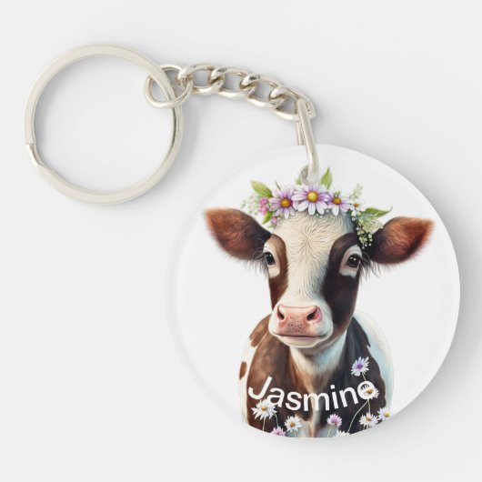 かわいい茶色の牛あなたの名前フローラ水彩農場 キーホルダー (正面)