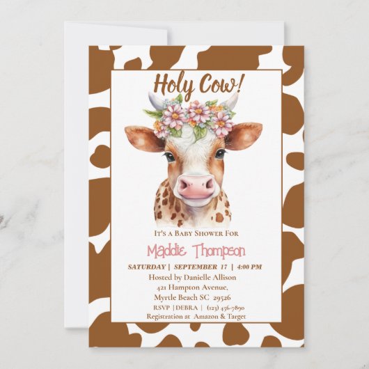 かわいい茶色の牛のフローラファームテーマベビーシャワー 招待状 (正面)