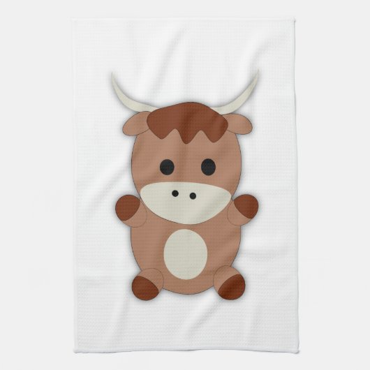 かわいい茶色の牛 キッチンタオル (縦)