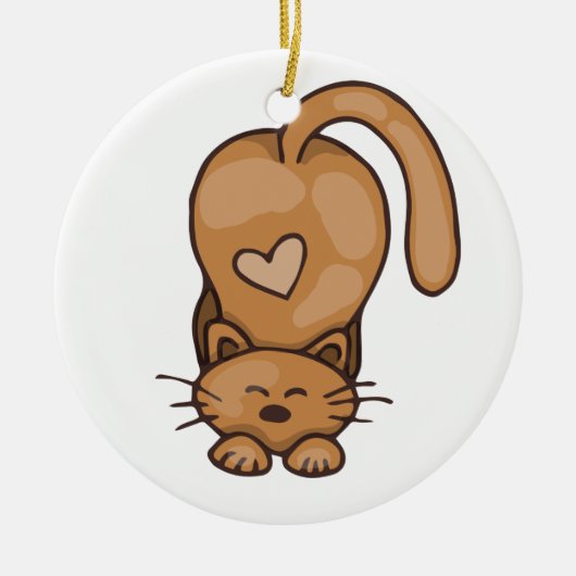 かわいい茶色の猫とハート セラミックオーナメント (正面)