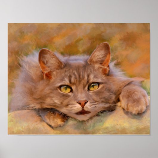 かわいい茶色の猫の水彩油絵アート ポスター (正面)