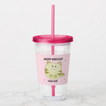 かわいい茶色の猫ピンク柄ハッピーバースデー