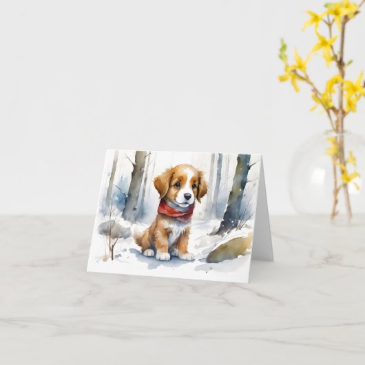 かわいい茶色の白い子犬の赤いスカーフのグリーティ空白のング カード (黄色い花)