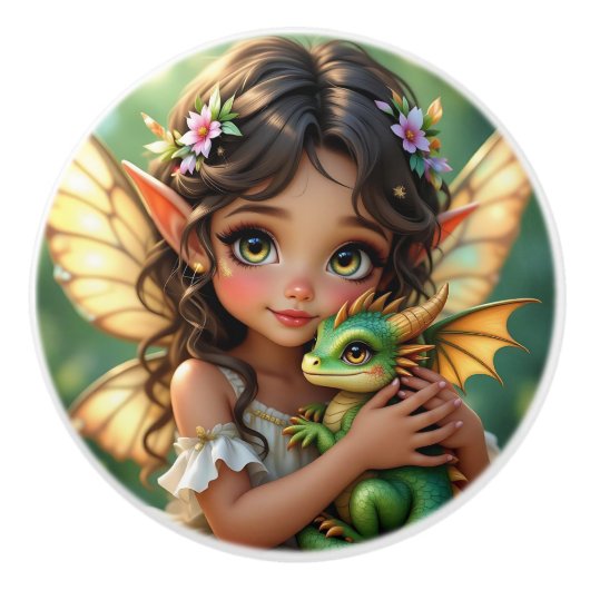 かわいい茶色の目の妖精とドラゴン  セラミックノブ (正面)