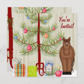 かわいい茶色の馬とクリスマスツリーの誕生日招待状 招待状 (正面/裏面)