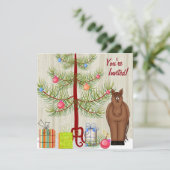 かわいい茶色の馬とクリスマスツリーの誕生日招待状 招待状 (スタンド正面)