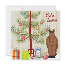 かわいい茶色の馬とクリスマスツリーの誕生日招待状