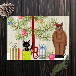 かわいい茶色の馬と子猫のクリスマス ファーム フラット デザイン シーズンカード
