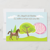 かわいい茶色の馬と木のポニー乗馬 誕生日 招待状 (正面)