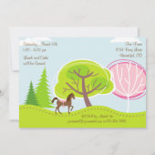 かわいい茶色の馬と木のポニー乗馬 誕生日 招待状 (裏面)