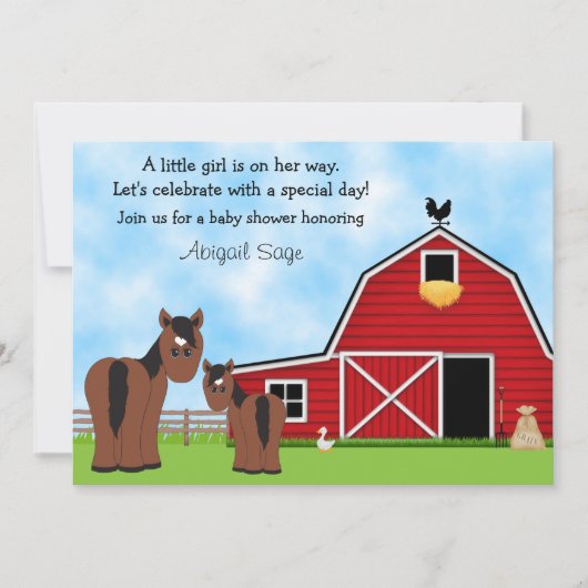 かわいい茶色の馬と赤い納屋の赤ちゃんシャワー 招待状 (正面)