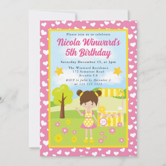 かわいい茶色の髪の誕生日少女とレモンエード、 招待状 (正面)
