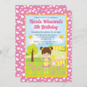 かわいい茶色の髪の誕生日少女とレモンエード、 招待状 (正面/裏面)