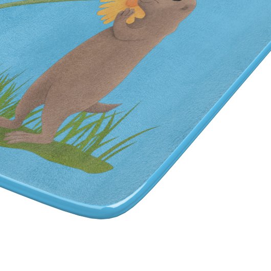 かわいい草原の犬が花漫画を嗅ぐ カッティングボード (角)