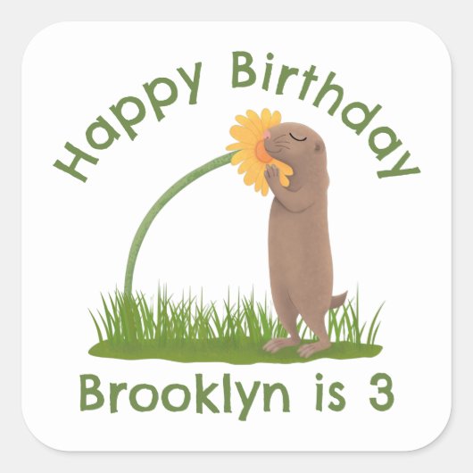 かわいい草原の犬が花漫画を嗅ぐ スクエアシール (正面)