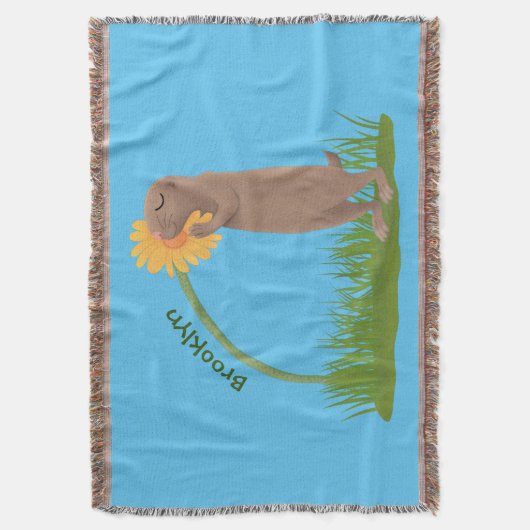 かわいい草原の犬が花漫画を嗅ぐ スローブランケット (正面縦)