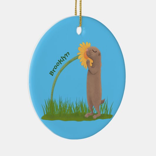 かわいい草原の犬が花漫画を嗅ぐ セラミックオーナメント (右)