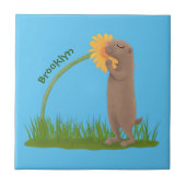 かわいい草原の犬が花漫画を嗅ぐ タイル (正面)