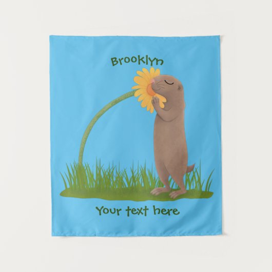 かわいい草原の犬が花漫画を嗅ぐ タペストリー (正面)