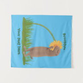 かわいい草原の犬が花漫画を嗅ぐ タペストリー (正面(横))