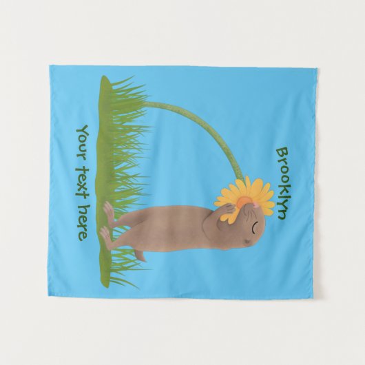 かわいい草原の犬が花漫画を嗅ぐ タペストリー (正面(横))