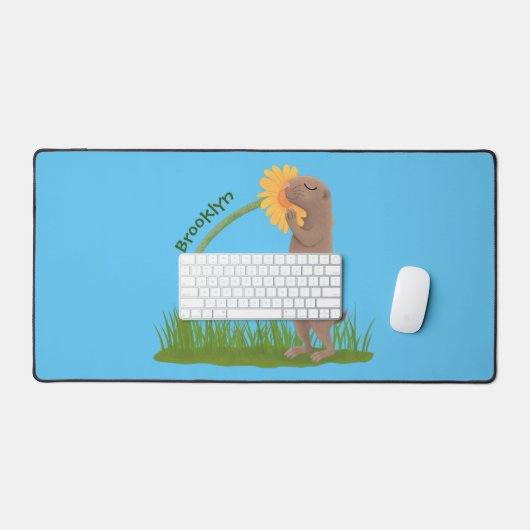 かわいい草原の犬が花漫画を嗅ぐ デスクマット (キーボード&マウス)