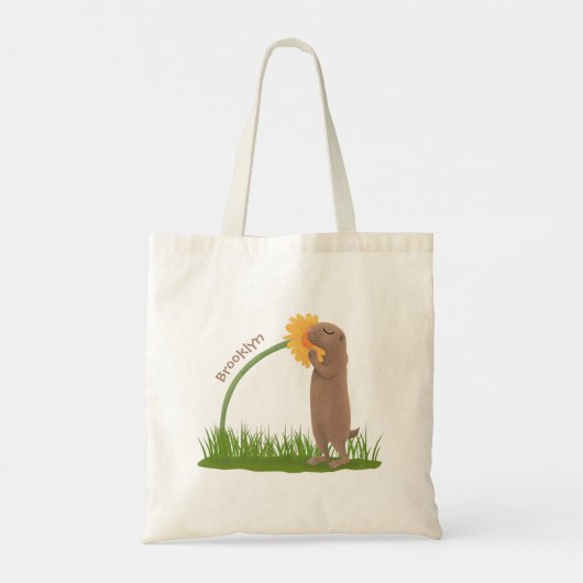 かわいい草原の犬が花漫画を嗅ぐ トートバッグ (裏面)