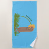 かわいい草原の犬が花漫画を嗅ぐ ビーチタオル (正面)