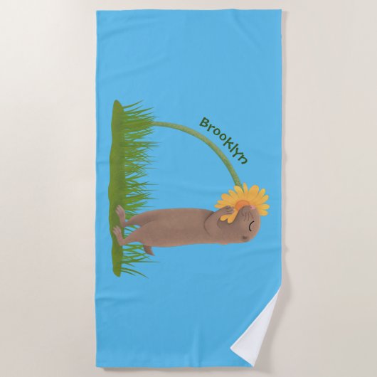 かわいい草原の犬が花漫画を嗅ぐ ビーチタオル (正面)