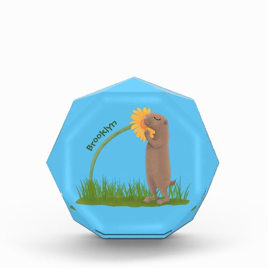 かわいい草原の犬が花漫画を嗅ぐ フォトブロック (正面)