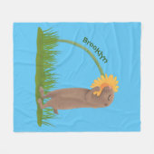 かわいい草原の犬が花漫画を嗅ぐ フリースブランケット (正面(横))