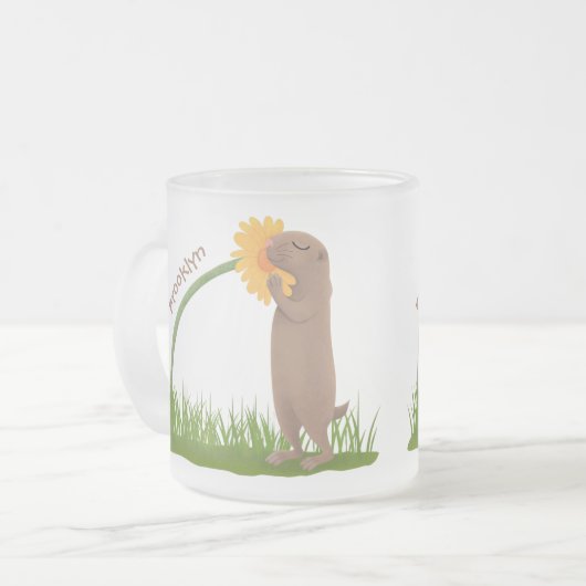 かわいい草原の犬が花漫画を嗅ぐ フロストグラスマグカップ (正面左)