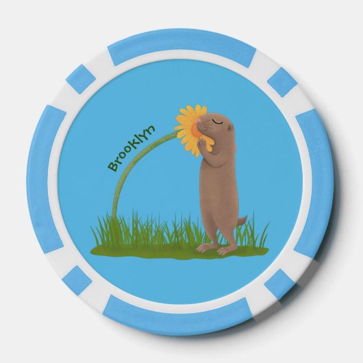 かわいい草原の犬が花漫画を嗅ぐ ポーカーチップ (裏面)