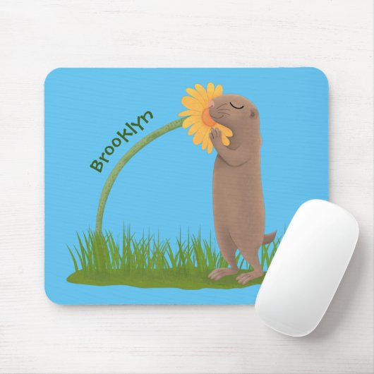 かわいい草原の犬が花漫画を嗅ぐ マウスパッド (マウス)