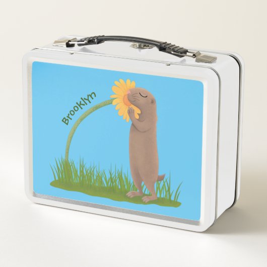かわいい草原の犬が花漫画を嗅ぐ メタルランチボックス (裏面)