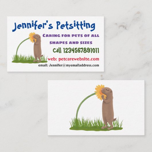 かわいい草原の犬が花漫画を嗅ぐ 名刺 (正面/裏面)