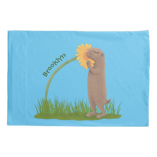 かわいい草原の犬が花漫画を嗅ぐ 枕カバー (裏面)