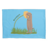 かわいい草原の犬が花漫画を嗅ぐ 枕カバー (正面)