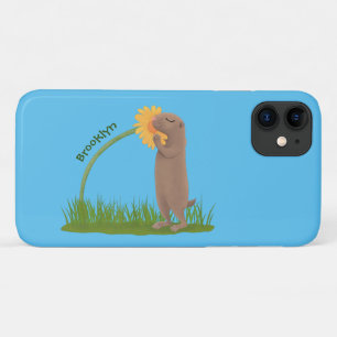 かわいい草原の犬が花漫画を嗅ぐ iPhone 11 ケース