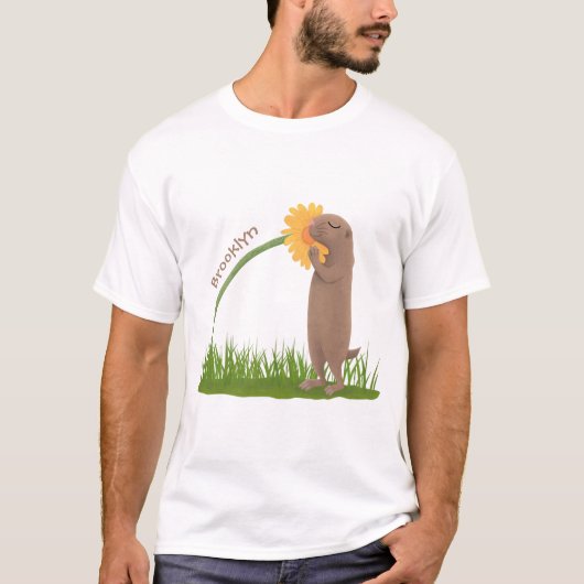 かわいい草原の犬が花漫画を嗅ぐ Tシャツ (正面)