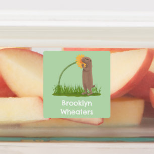 かわいい草原の犬と花の漫画パーソナライズされた ラベル