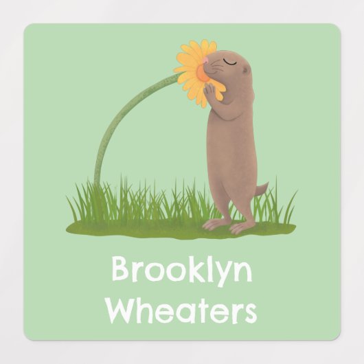 かわいい草原の犬と花の漫画パーソナライズされた ラベル (デザイン1)