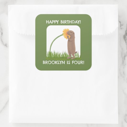 かわいい草原パーソナライズされた犬の誕生日の漫画 スクエアシール (バッグ)