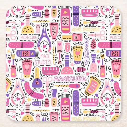 かわいい落書きのマニキュアパターン スクエアペーパーコースター (正面)