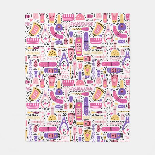 かわいい落書きのマニキュアパターン フリースブランケット (正面)