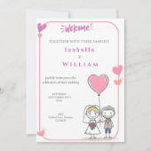 かわいい落書きの新婦新郎 ピンクのハート 結婚式 招待状 (正面)